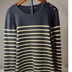 Striped Long Sleeve Gold Button Shoulder Knit Top